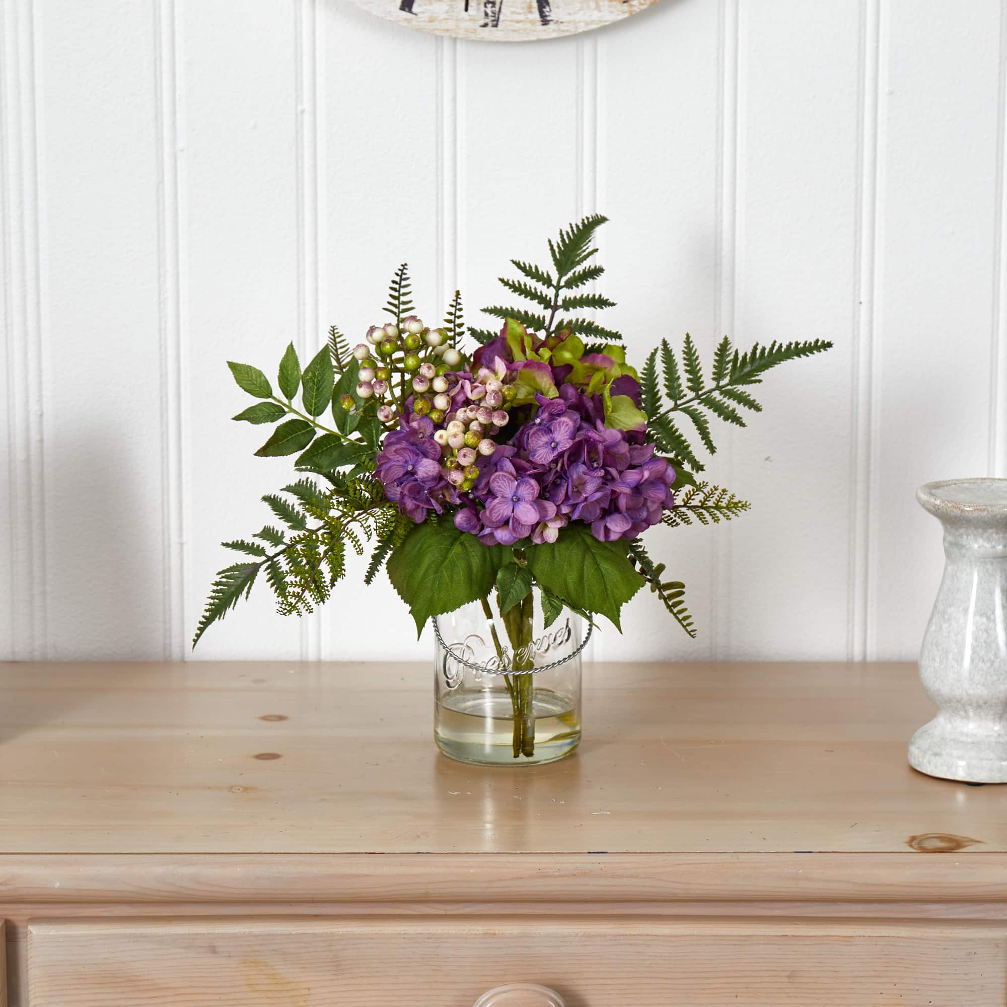 14” Hydrangea & Berry Arrangement in Glass Vase
